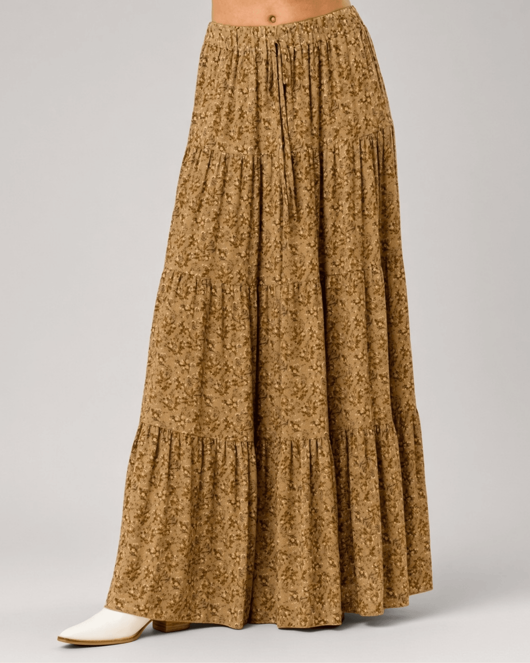 Made in USA Women's Taupe Mustard Rayon Ditsy Floral Maxi Skirt | Classy Cozy Cool Made in America Boutique