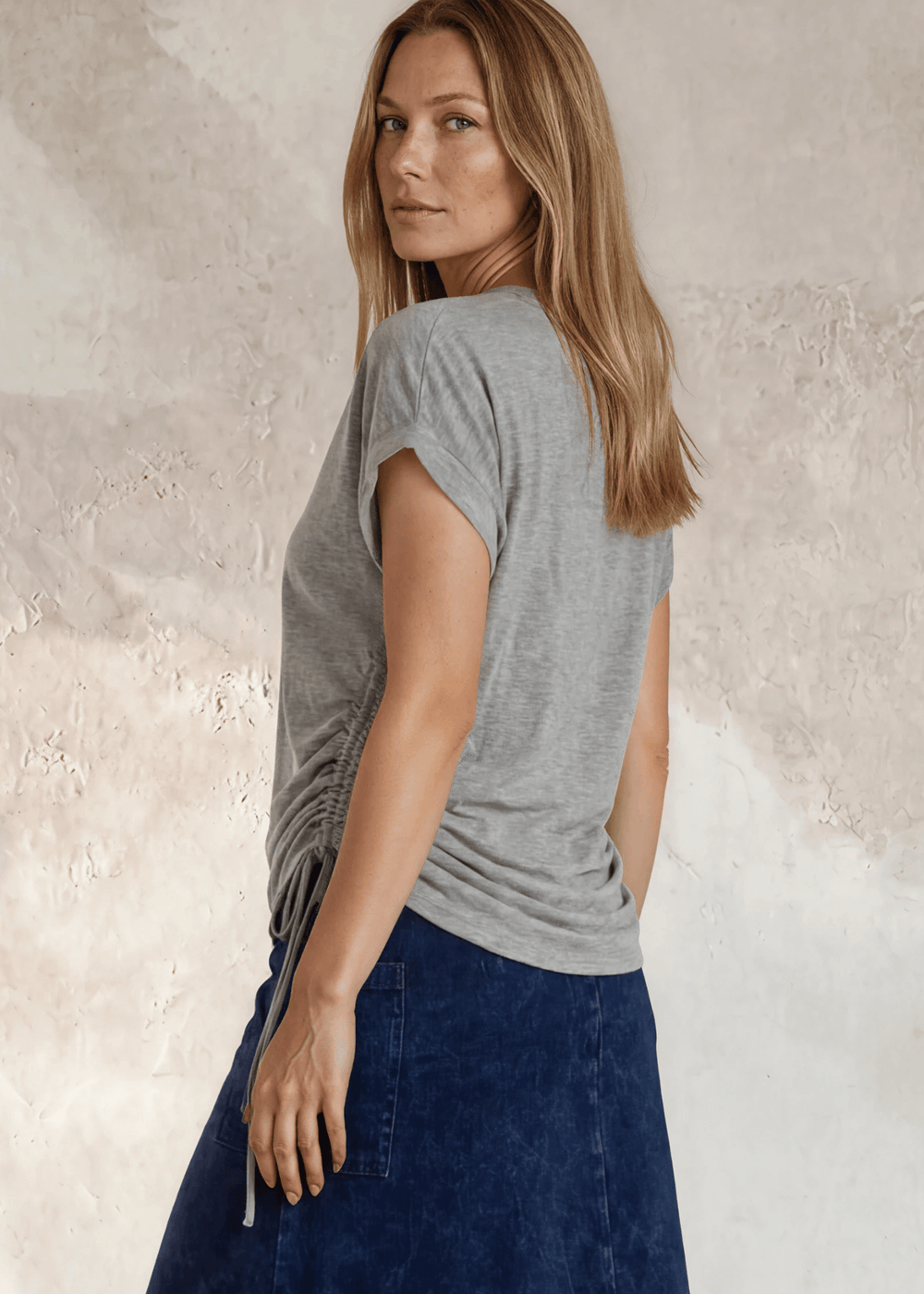 Women's Heather Gray Ruched Side Shirt with adjustable tie — soft rayon blend, relaxed fit, lightweight & made in the USA. A versatile wardrobe essential.