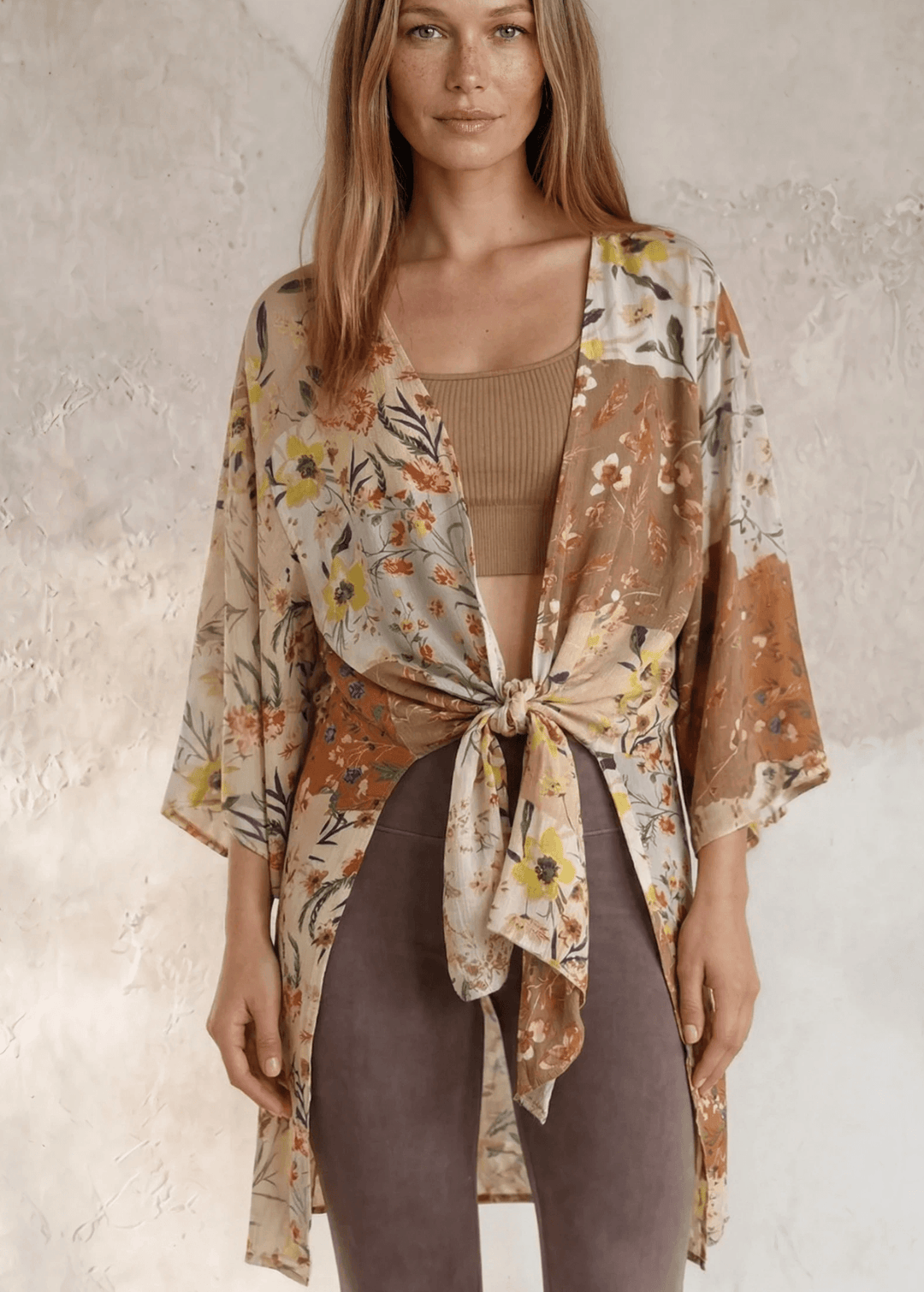 Women's Floral Patchwork Kimono Cardigan — open front, semi-sheer, lightweight rayon. Perfect swim cover-up & resort layer. Boho style, made in the USA.