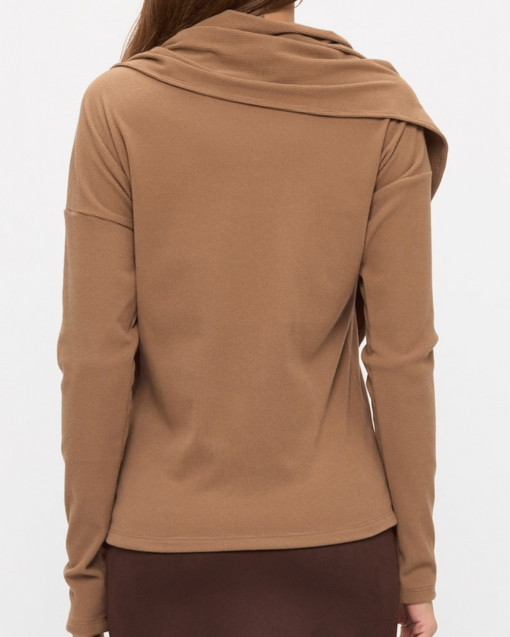 Made in USA. Donna camel draped shawl top in a soft, thick rayon-spandex knit with long sleeves and a flattering semi-fitted silhouette. Renee C. Style 5345TP