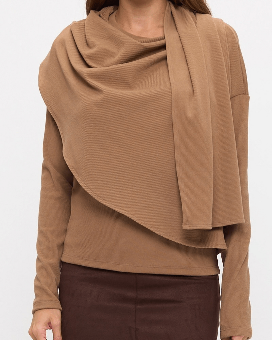 Made in USA. Donna camel draped shawl top in a soft, thick rayon-spandex knit with long sleeves and a flattering semi-fitted silhouette. Renee C. Style 5345TP