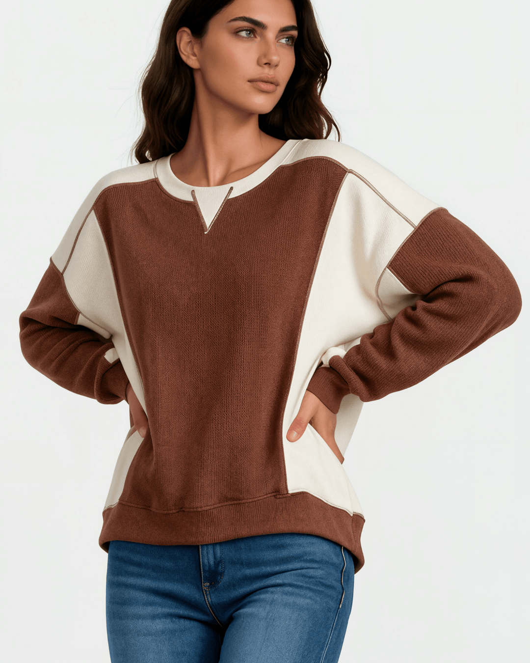 Made in USA. Nutmeg &amp; cream color block ribbed knit sweatshirt. Notched neck, exposed seams, oversized fit. 97% polyester. Sizes S–XL.