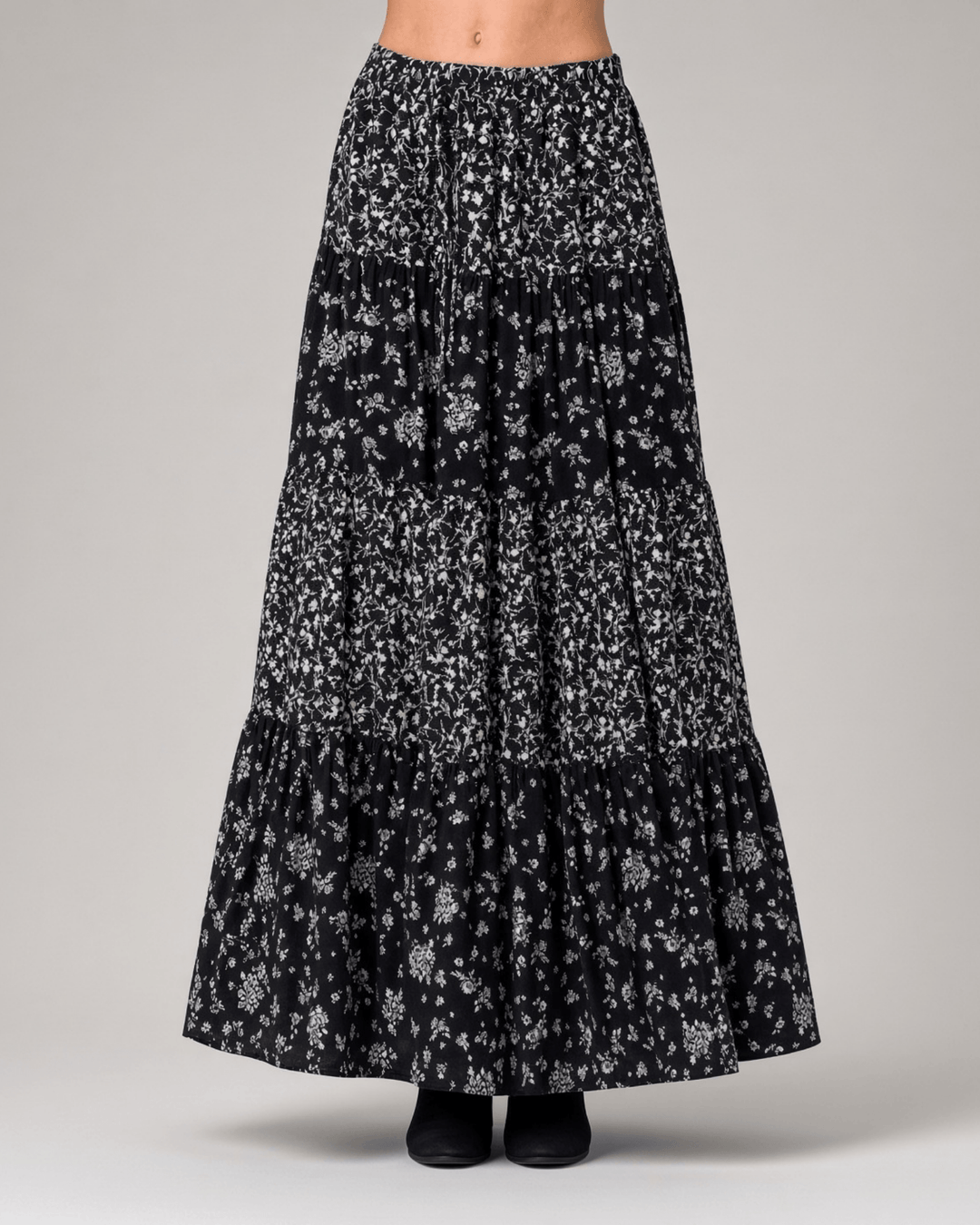Made in USA Women's Black and White Elastic Waist Floral Tiered Flowy Maxi Skirt with pockets Soft, 100% Rayon, Style SS1223A | Classy Cozy Cool Made in America Boutique