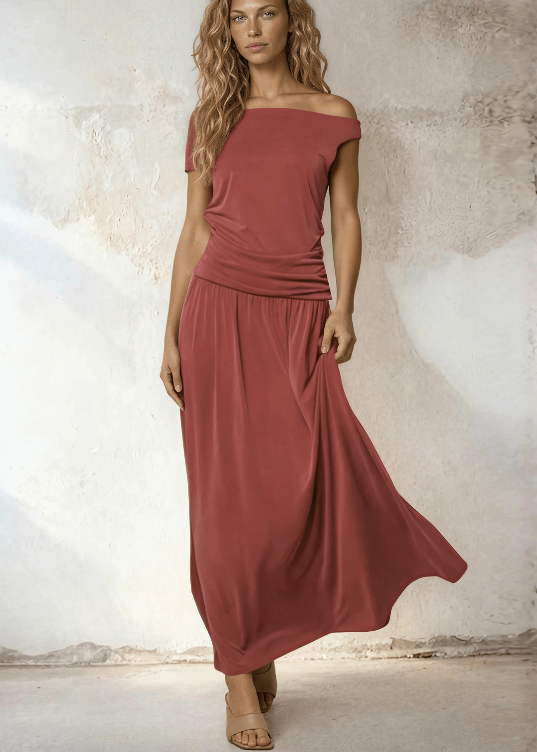 Women's Terracotta Boat Neck Ruched Maxi Dress — on/off shoulder, flowy modal blend, flattering fit. Lightweight & made in the USA. Perfect for spring & summer.
