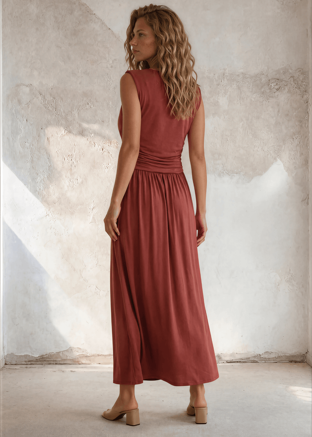 Women's Terracotta Boat Neck Ruched Maxi Dress — on/off shoulder, flowy modal blend, flattering fit. Lightweight & made in the USA. Perfect for spring & summer.