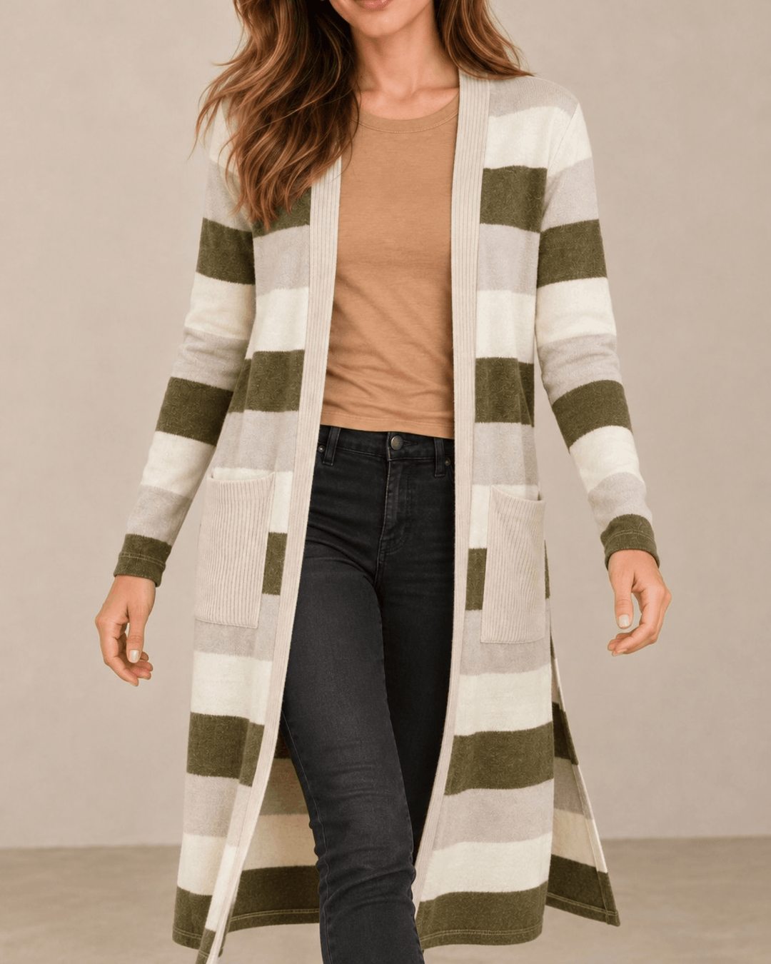 Made in USA. Women's Super Soft Lilian olive striped longline cardigan with an open front, long sleeves, patch pockets and side slits for easy everyday layering.
