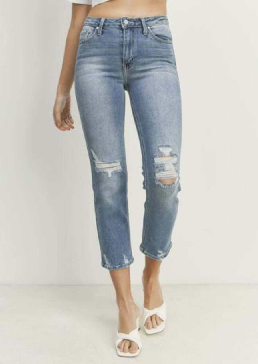 Women's Cropped Distressed 5 Pocket Denim Jeans Made in USA | Just Black Denim Style BP279J | Classy Cozy Cool Women's Made in America Clothing Boutique