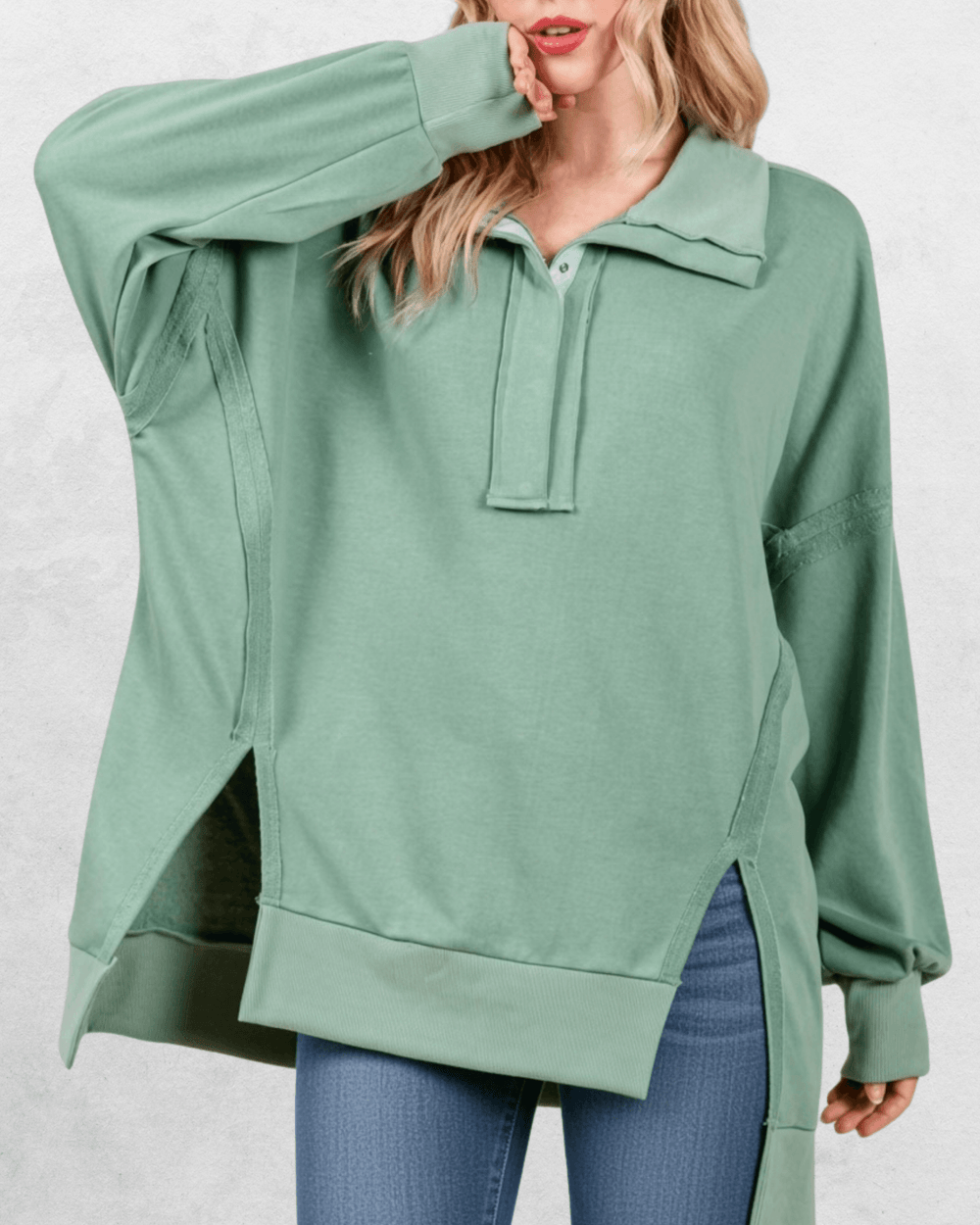 Made in USA Women's Snap Collar High Low Oversized Slouchy Tunic Sweatshirt with Side Slits Available in Sage Green and Heather Gray | Classy Cozy Cool Made in USA Boutique
