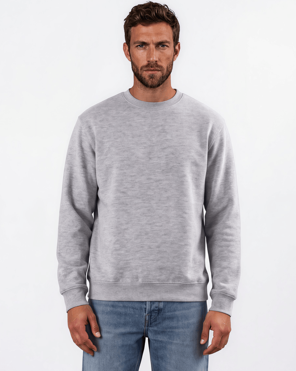 Men's long sleeve fleece sweatshirt made in USA with USA milled fabric. 9.5 oz, 80% cotton/20% polyester, crew neck, relaxed fit. White or Heather Gray.