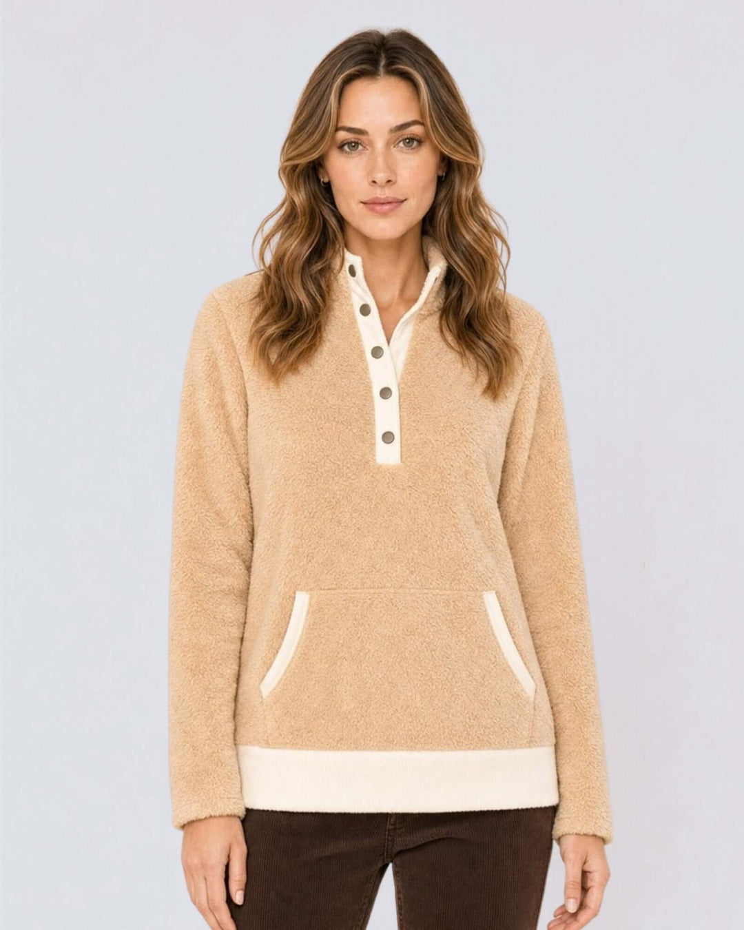Made in USA Cuddle Sherpa Snap-button Pullover: front view on model with snap placket and brown pants