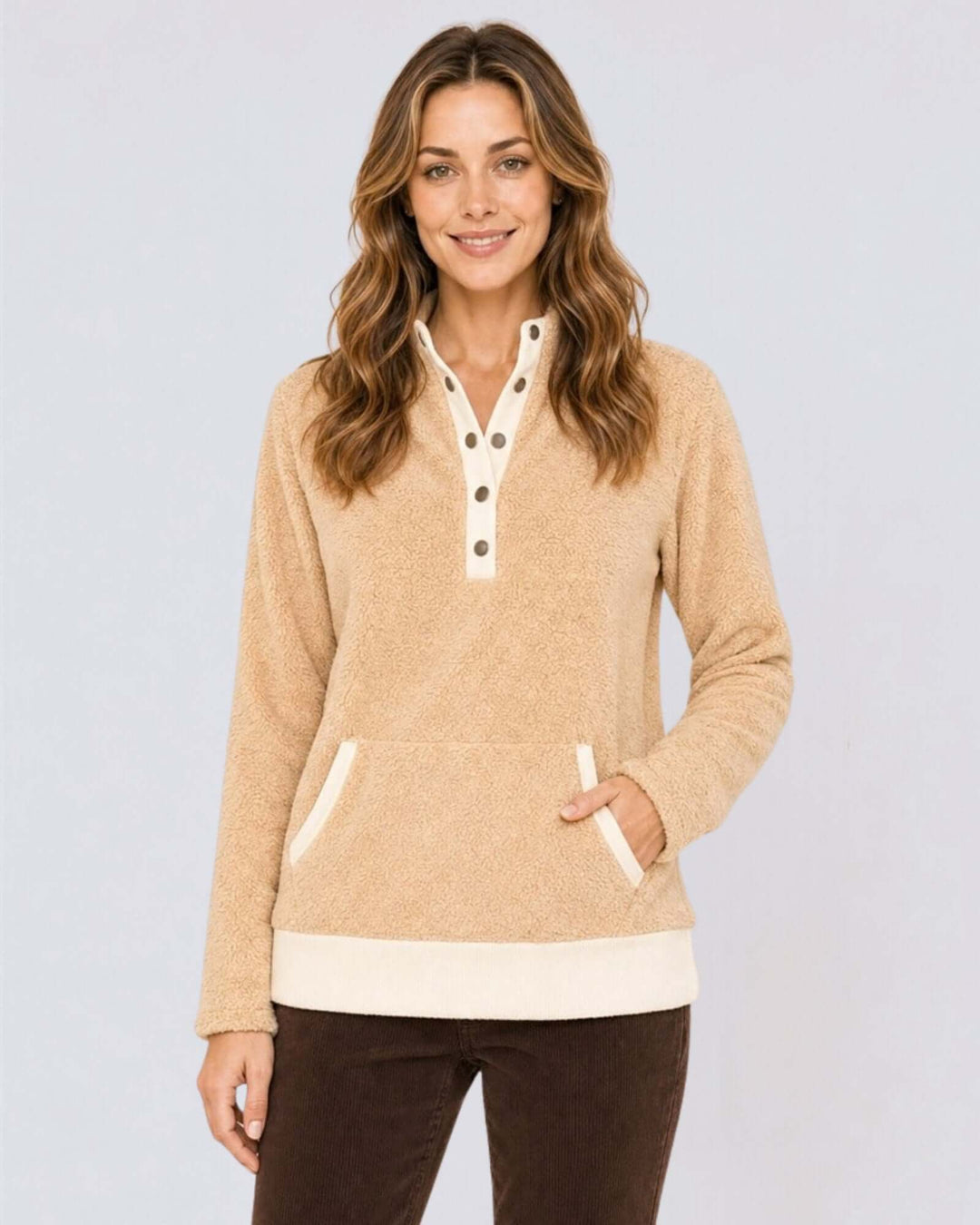 Made in USA Cuddle Sherpa Snap-button Pullover: front view of smiling model with hand in pocket