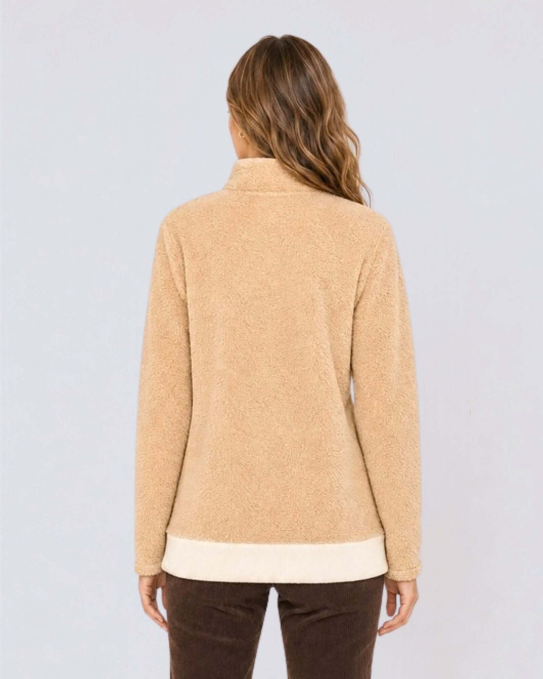 Made in USA Cuddle Sherpa Snap-button Pullover: back view showing stand collar and cream hem band