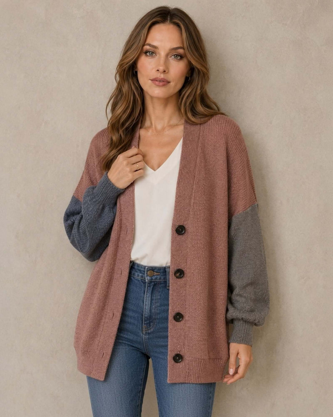 Made in USA Katie Color Block Cardigan: front view of rose button cardigan with gray and blue sleeves over white tee