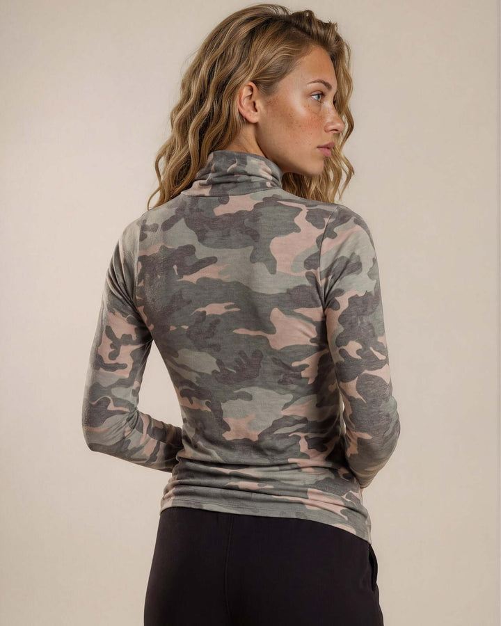 Made in USA Chloe Camo Turtleneck: back view showing fitted camo print and long sleeves