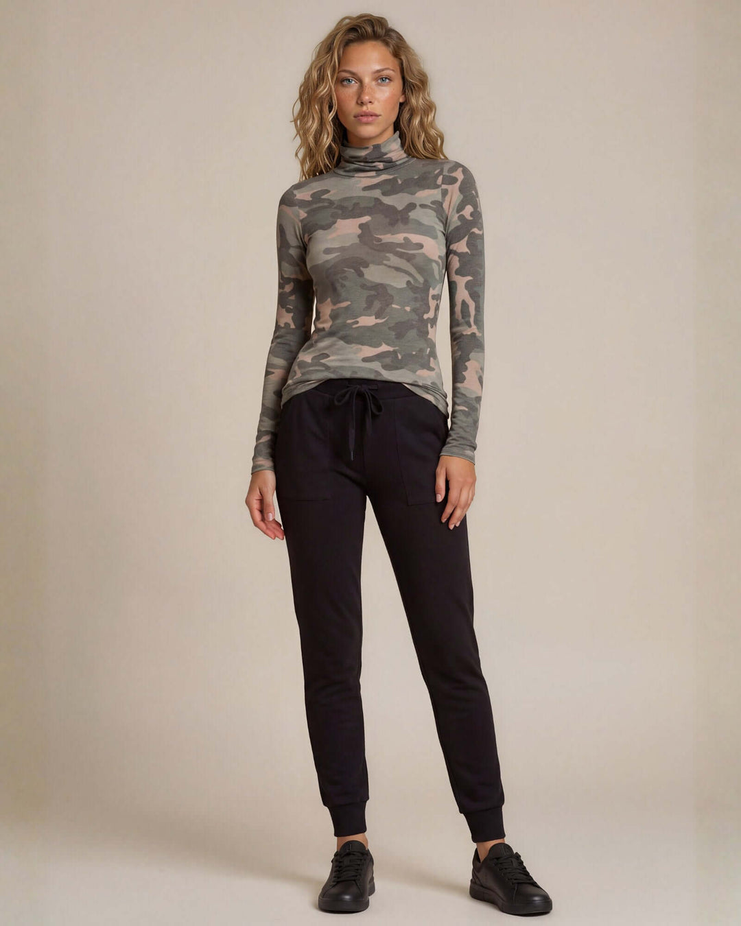 Made in USA Chloe Camo Turtleneck: full-length look tucked into black joggers, arms relaxed