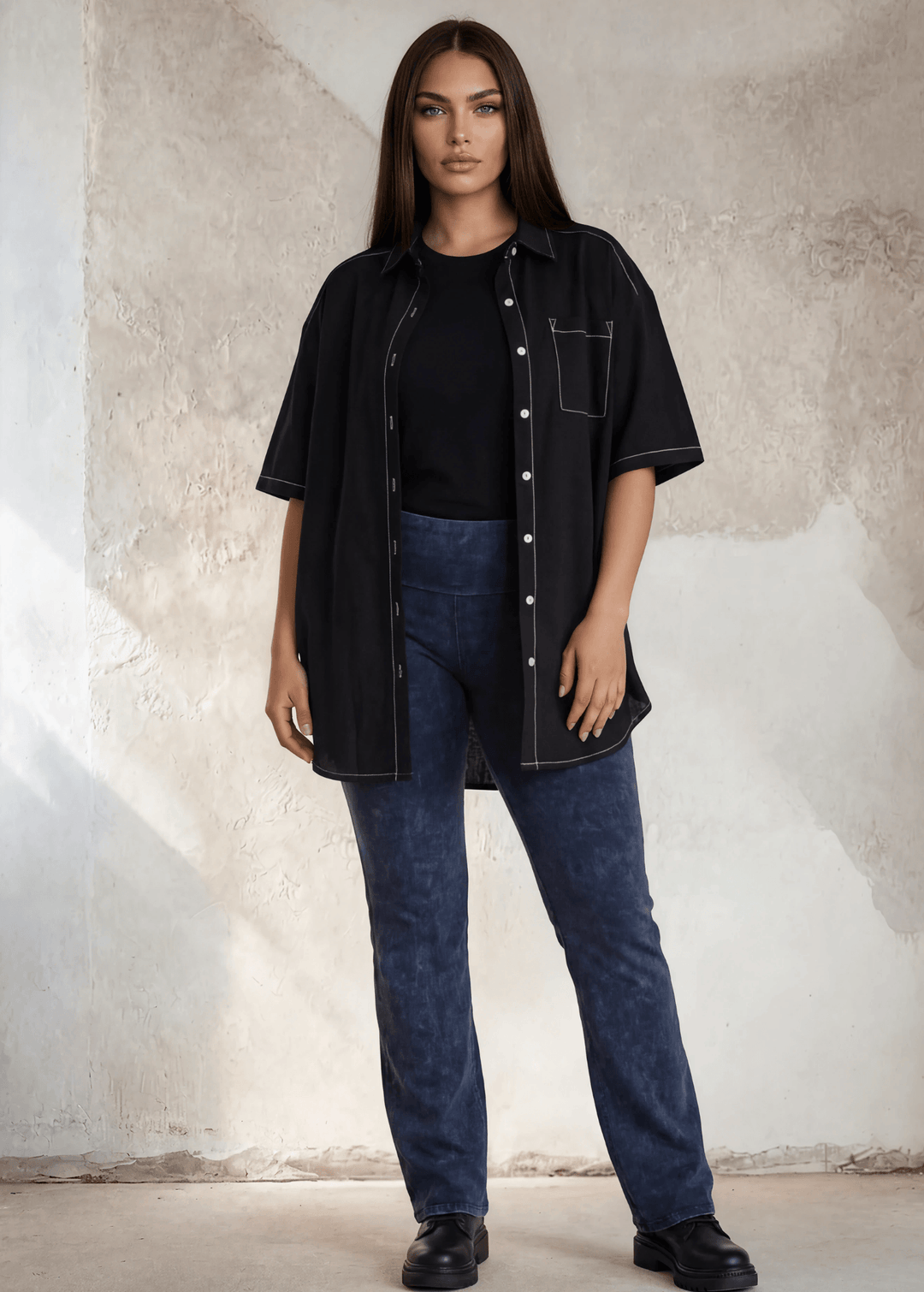 USA Made | Dark Denim Ladies Plus Size Bootcut Cotton Stretch Jeggings Fold Over Waist | Style C30136 | Made in USA