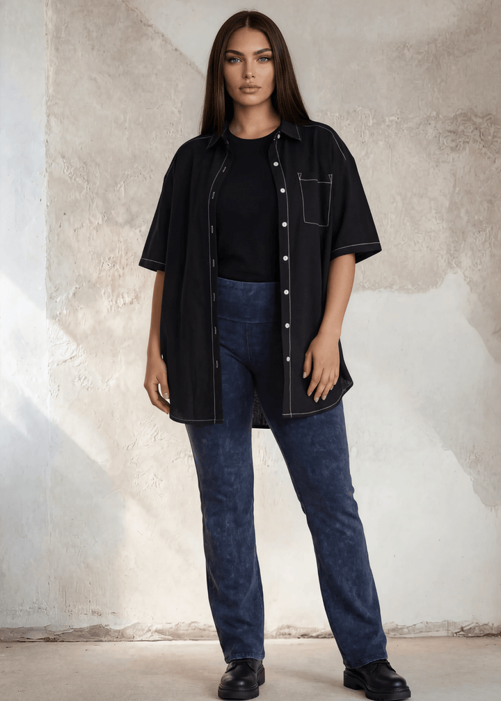 USA Made | Dark Denim Ladies Plus Size Bootcut Cotton Stretch Jeggings Fold Over Waist | Style C30136 | Made in USA