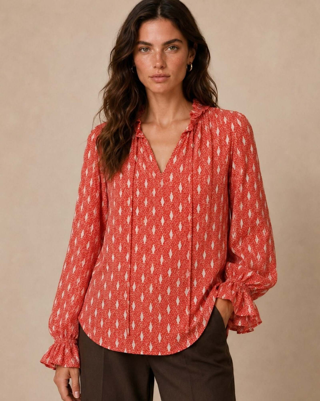 Made in USA Radiant Ruffle Neck Foil Print Blouse - Red: front view of ruffled split neck and flounce cuffs