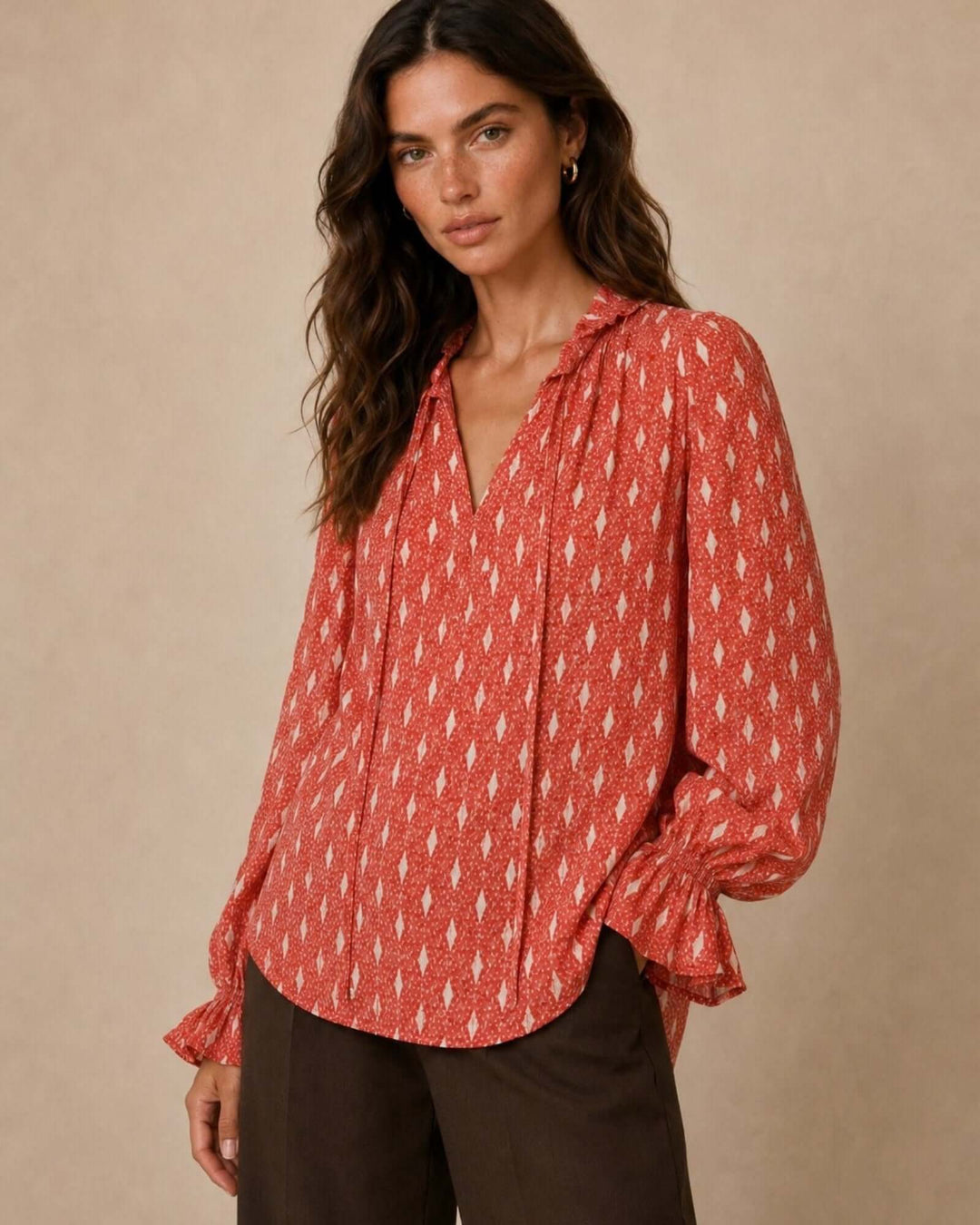 Made in USA Radiant Ruffle Neck Foil Print Blouse - Red: three-quarter view showing balloon sleeves