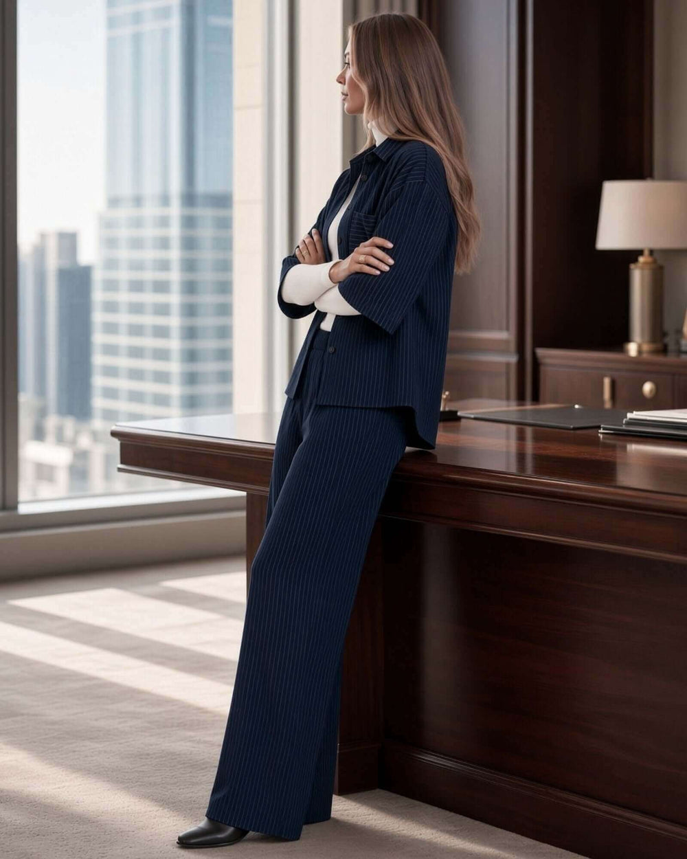 Made in USA Avery Women's high-rise wide leg pinstripe pant in navy. Elastic waist, pleated front, full length. 85% rayon, 15% linen. 