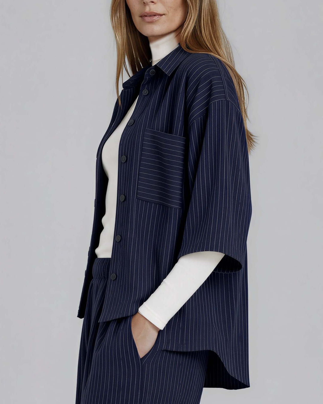 Avery Pinstripe Rayon Linen Button Down Top - Navy | Made in USA