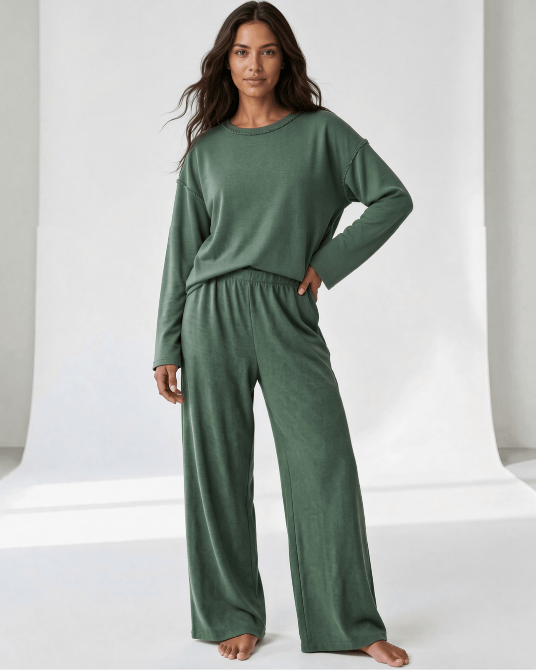 Women's Sophia olive green lounge set — relaxed long sleeve top & wide leg pants. Super soft, made in USA. Perfect for lounging or casual outings. Sizes S–L.