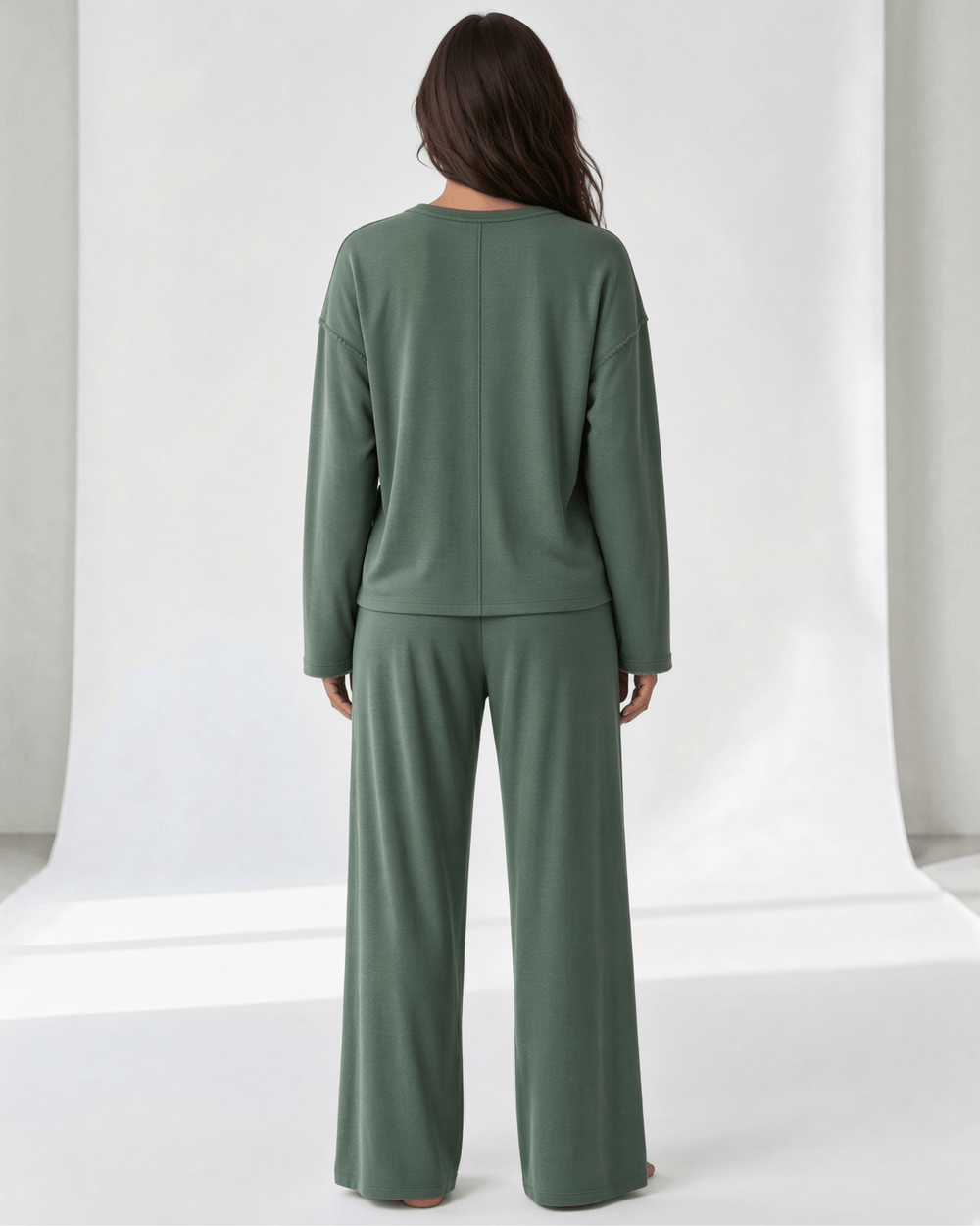 Women's Sophia olive green lounge set — relaxed long sleeve top & wide leg pants. Super soft, made in USA. Perfect for lounging or casual outings. Sizes S–L.