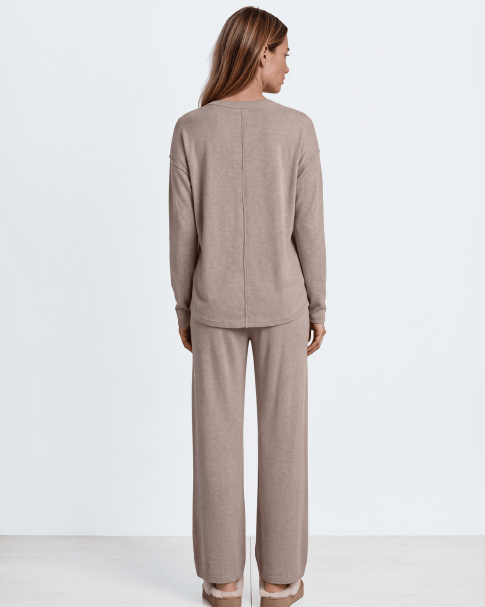 Made in USA, Women's Sophia taupe lounge set — relaxed long sleeve top & wide leg pants. Super soft, made in USA. Perfect for lounging or casual outings. Sizes S–L.