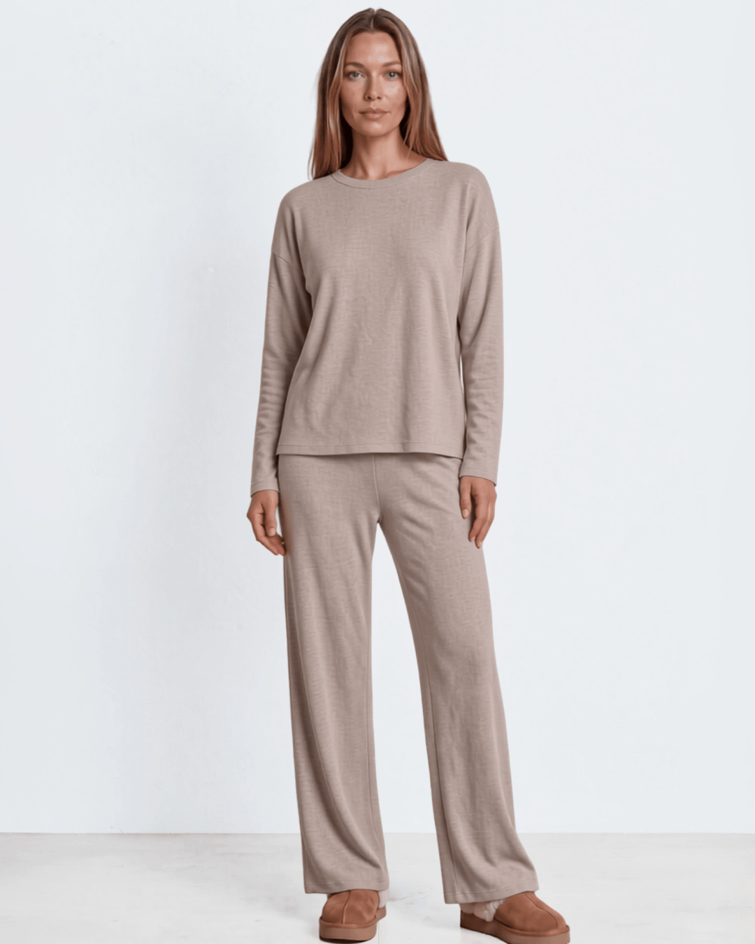 Made in USA, Women's Sophia taupe lounge set — relaxed long sleeve top & wide leg pants. Super soft, made in USA. Perfect for lounging or casual outings. Sizes S–L.
