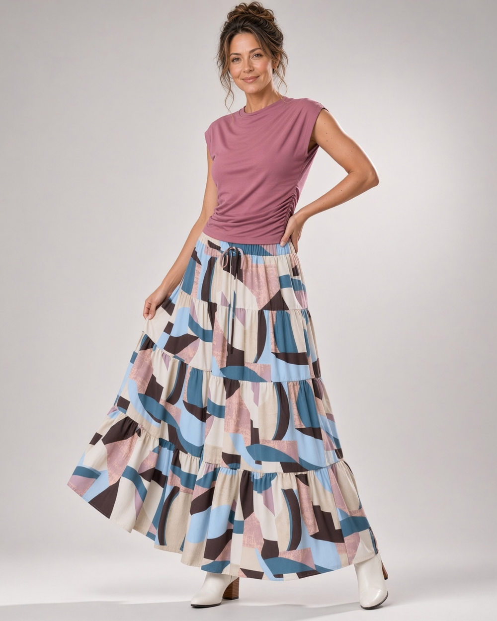 Made in USA Women's Abstract Print Multi Color Boho Maxi Skirt | Classy Cozy Cool Made in America Boutique