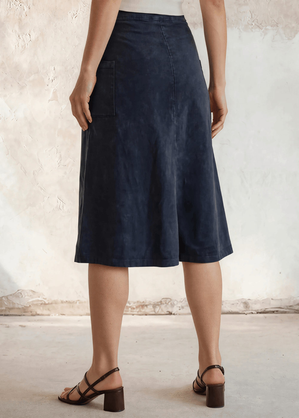 Made in USA Women's All Season Versatile Mineral Washed Cotton Stretch Midi Skirt, Side Patch Pockets, High Waist, Comfortable & Soft 4 Way stretch in Dark Gray Blue Denim | Classy Cozy Cool Made in America Boutique