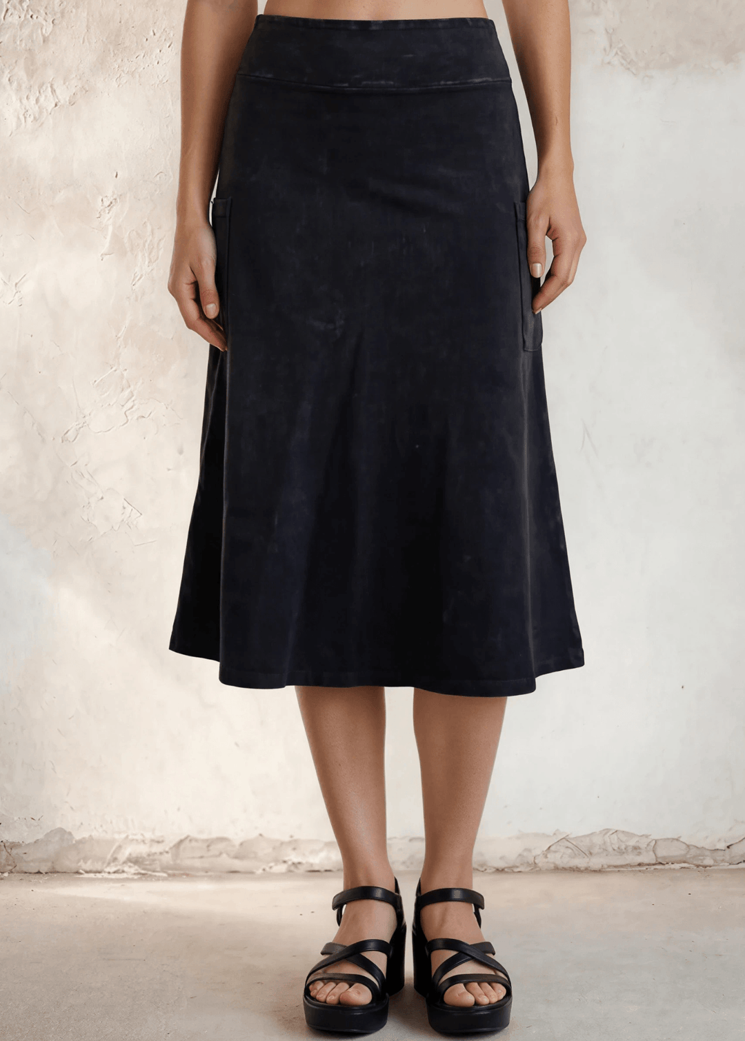 Made in USA Women's All Season Versatile Mineral Washed Cotton Stretch Midi Skirt, Side Patch Pockets, High Waist, Comfortable & Soft 4 Way stretch in Black Denim | Classy Cozy Cool Made in America Boutique