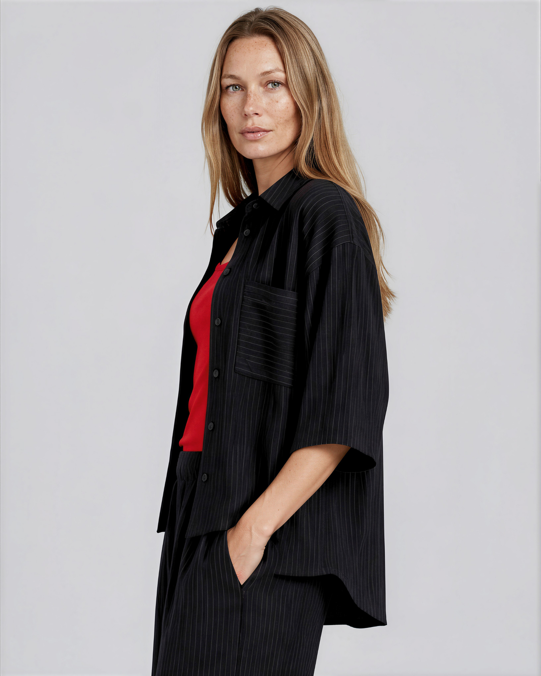 Avery Pinstripe Rayon Linen Button Down Top - Black | Made in USA