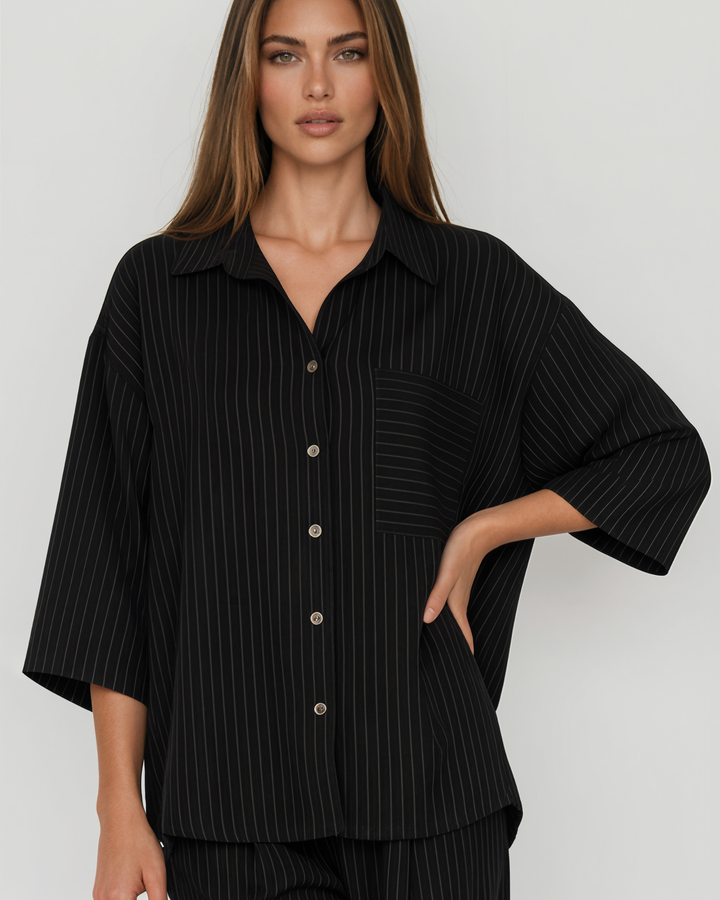 Avery Pinstripe Rayon Linen Button Down Top - Black | Made in USA