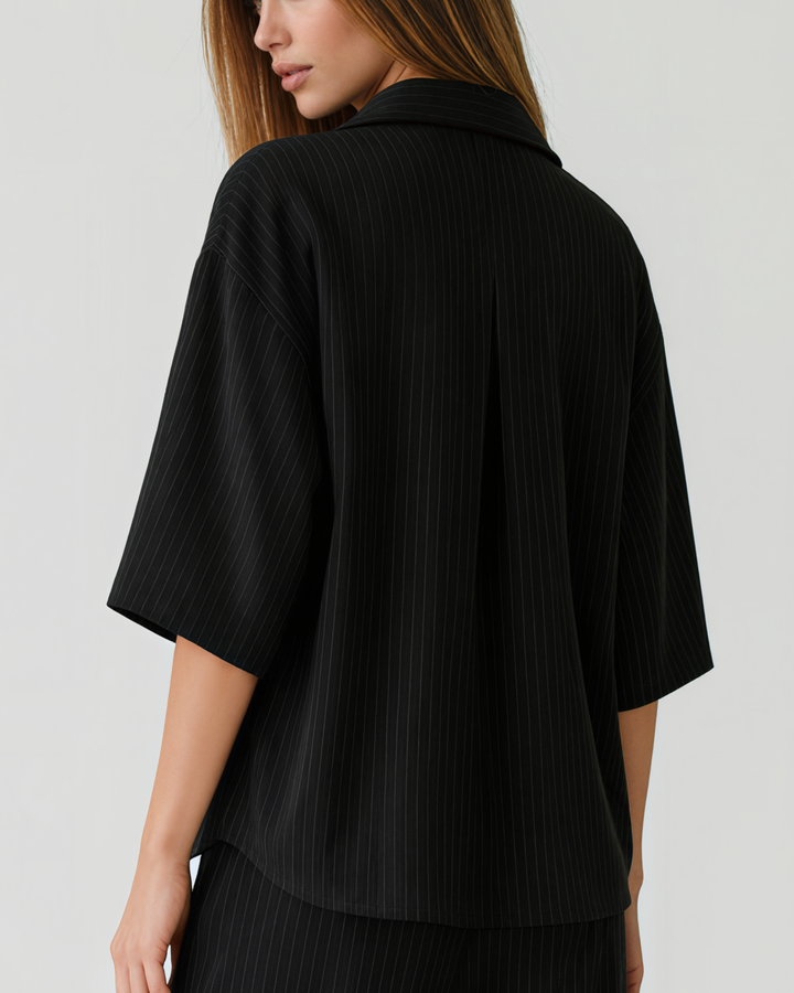 Avery Pinstripe Rayon Linen Button Down Top - Black | Made in USA