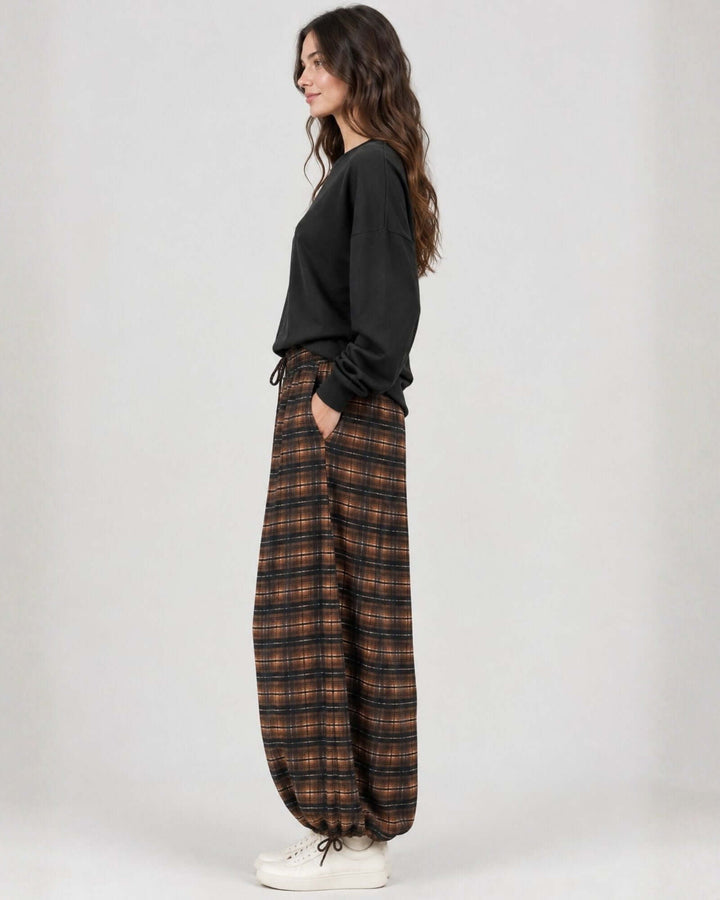 Made in USA brown and black checker plaid balloon pants with elastic drawstring waist and gathered ankles