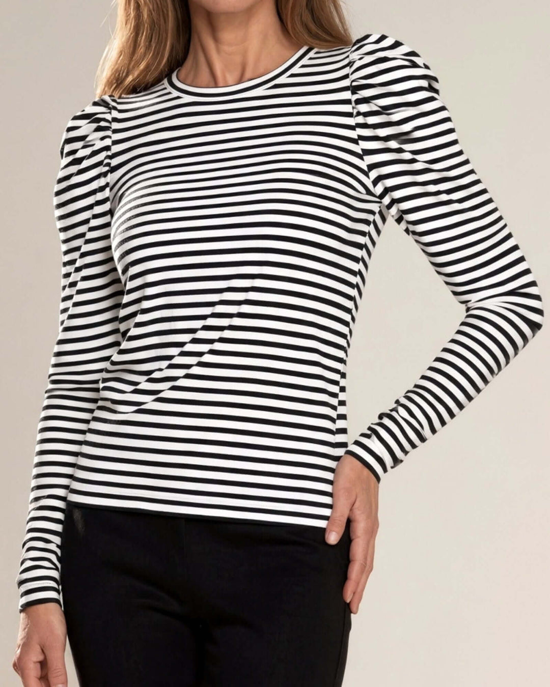 Made in USA Above the Rest Ruffle Shoulder Striped Top: close-up front of black and white stripes and gathered puff shoulders