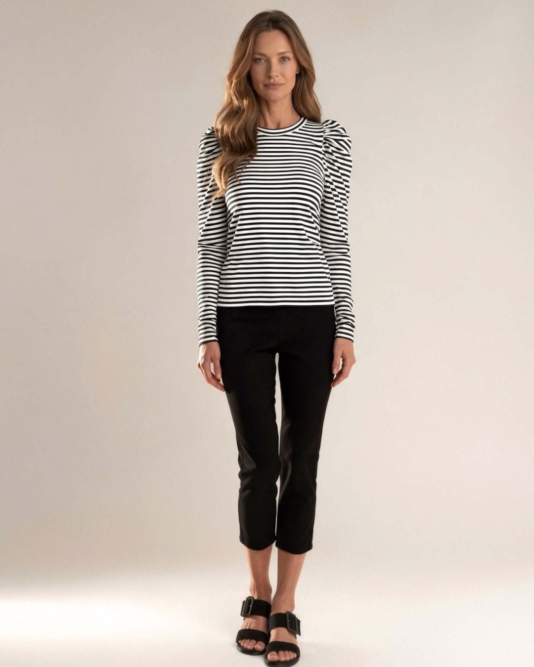 Made in USA Above the Rest Ruffle Shoulder Striped Top: full-length look with black cropped pants and sandals