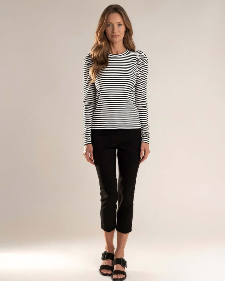 Made in USA Above the Rest Ruffle Shoulder Striped Top: full-length look with black cropped pants and sandals