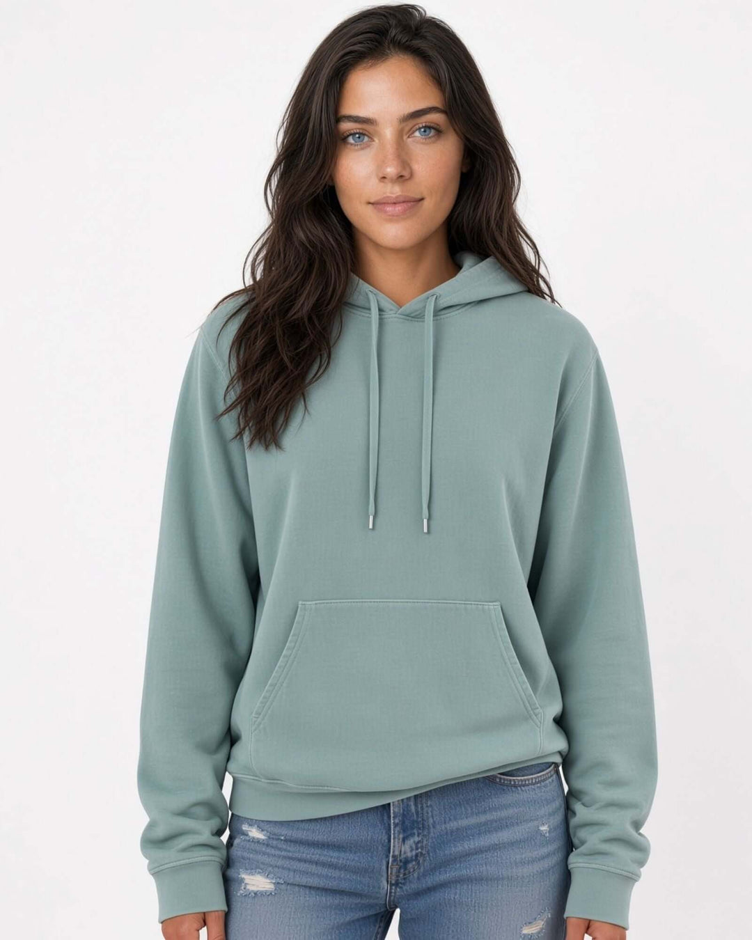 Made in USA The Boyfriend Cotton Washed Hoodie - Fern: front view of soft sage green pullover hooded hoodie on female model with jeans