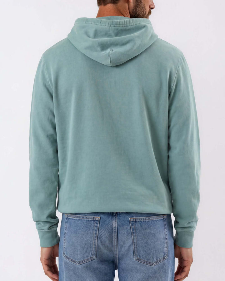 Made in USA vintage pigment dyed fleece pullover hoodie in Fern with drawstring hood, front pouch pocket, and ribbed cuffs and hem