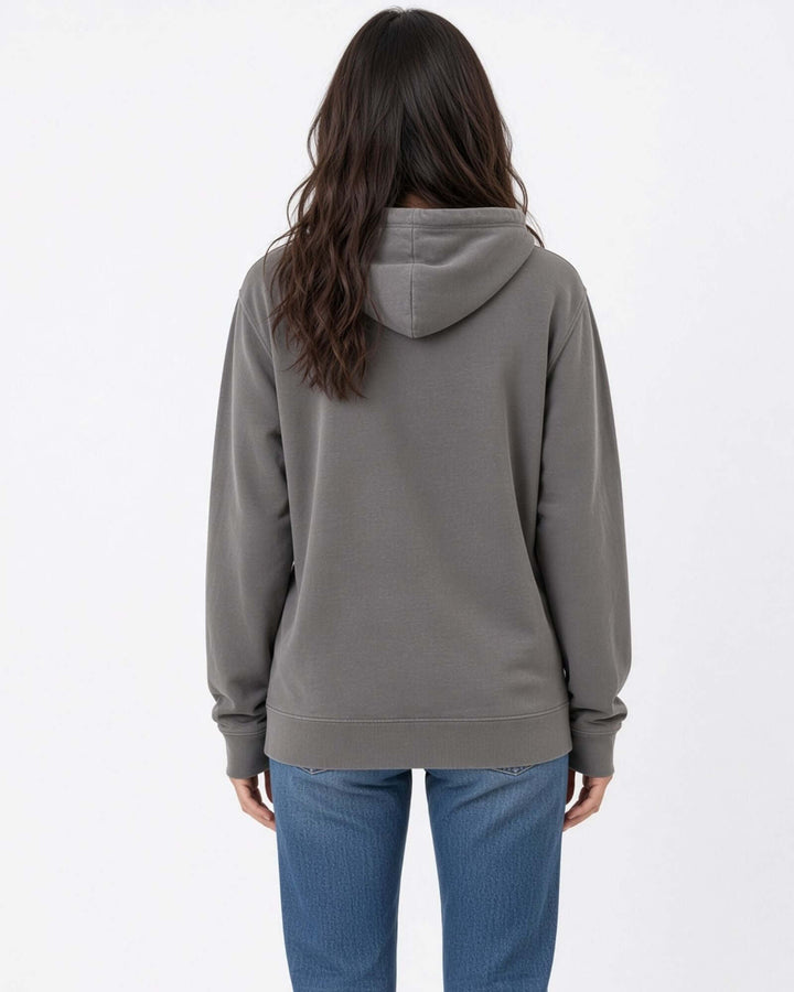 Made in USA The Boyfriend Cotton Washed Hoodie - Charcoal: back view of deep charcoal gray hoodie on female model with jeans