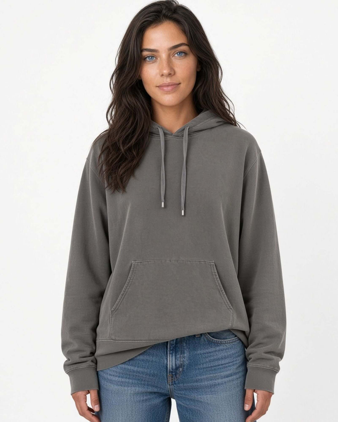 Made in USA The Boyfriend Cotton Washed Hoodie - Charcoal: front view of deep charcoal gray pullover hooded hoodie on female model with jeans