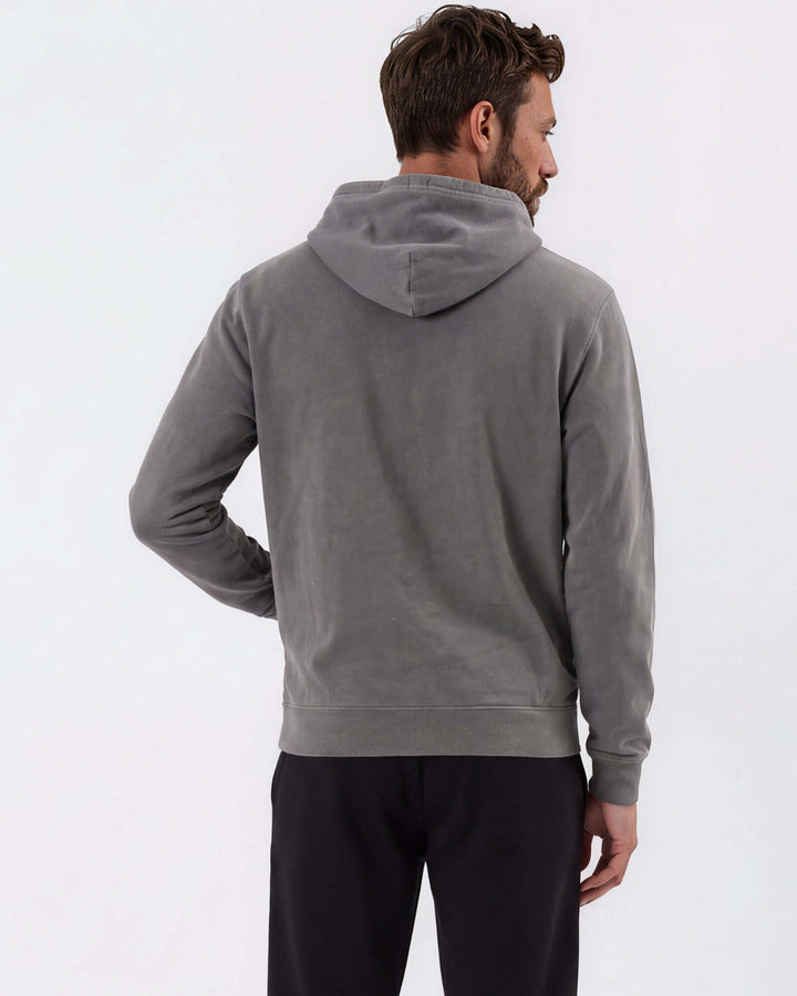Made in USA vintage pigment dyed fleece pullover hoodie in Charcoal with drawstring hood, front pouch pocket, and ribbed cuffs and hem