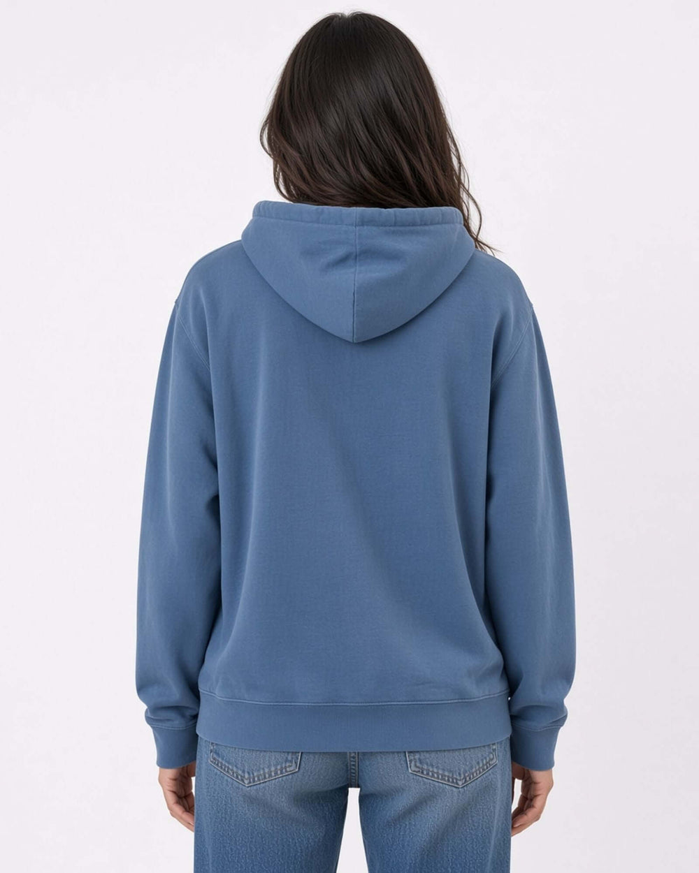 Made in USA The Boyfriend Cotton Washed Hoodie - Blue Steel: back view of deep blue hoodie on female model with jeans