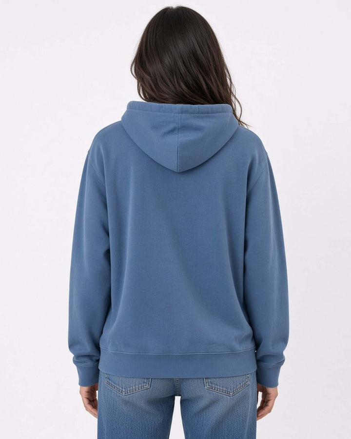 Made in USA The Boyfriend Cotton Washed Hoodie - Blue Steel: back view of deep blue hoodie on female model with jeans