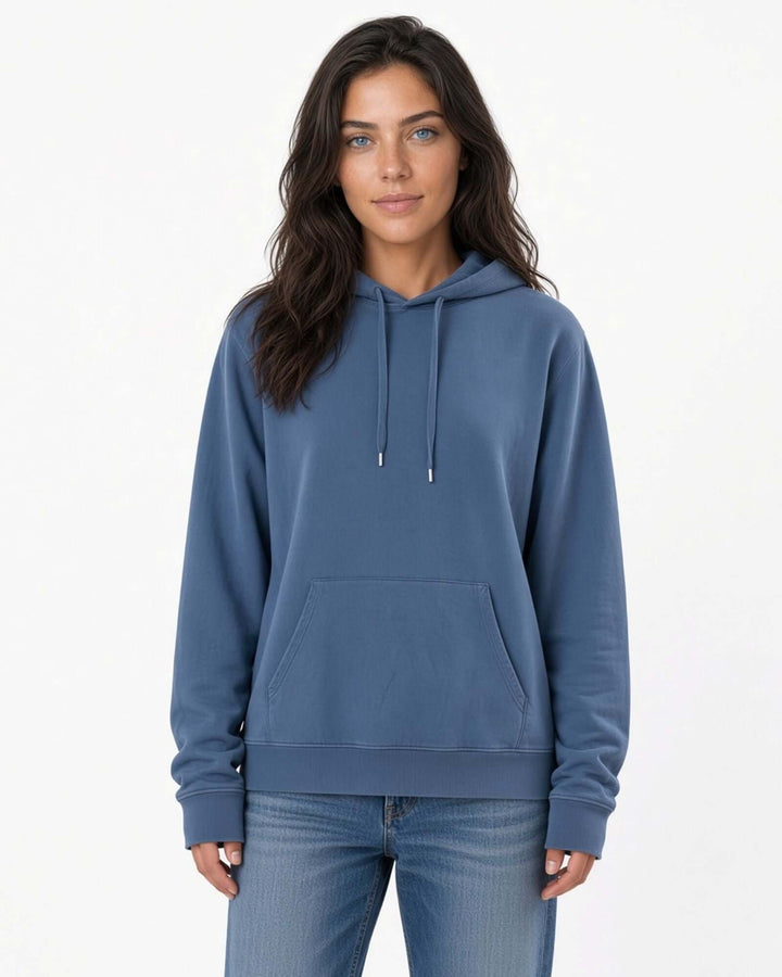 Made in USA The Boyfriend Cotton Washed Hoodie - Blue Steel: front view of deep blue pullover hooded hoodie on female model with jeans
