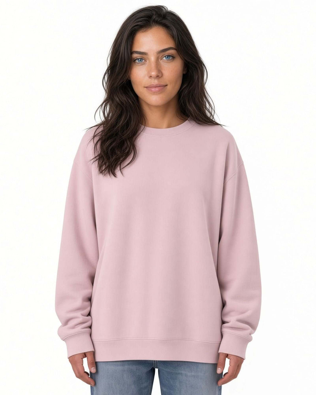 Made in USA The Boyfriend Cotton Washed Sweatshirt - Mauve: front view of dusty mauve pink crew neck sweatshirt on female model with jeans