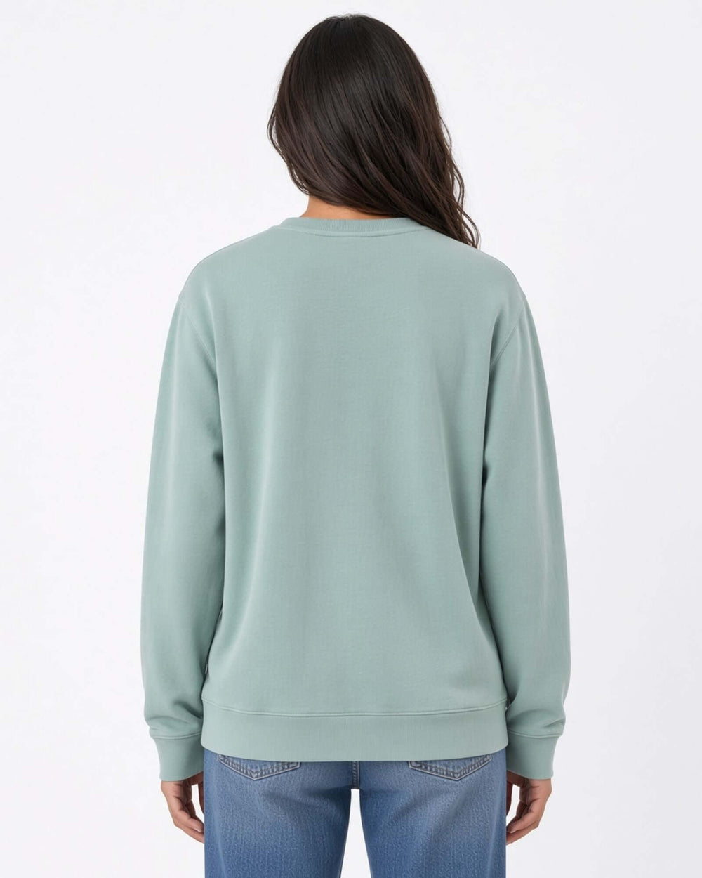 Made in USA The Boyfriend Cotton Washed Sweatshirt - Fern: back view of soft sage green sweatshirt on female model with jeans