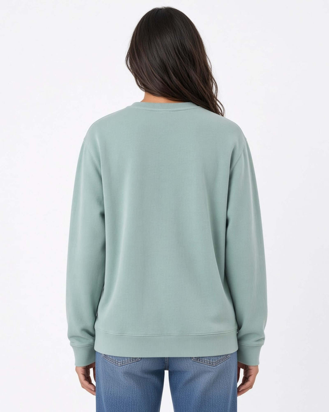 Made in USA The Boyfriend Cotton Washed Sweatshirt - Fern: back view of soft sage green sweatshirt on female model with jeans